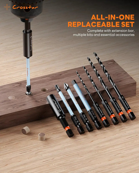 All In One Countersink Drill Bit Set With Wood Plug Cutter And Stop Rings For Pros And DIYers Crosstar 18 Piece Kit on wood surface