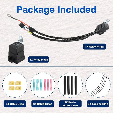 Package contents of Direct Fit Beefed-Up Fuel Pump Relay Wiring Kit with relay wiring, block, clips, tubes, and shrink tubes.