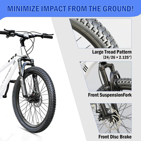 Front view of Trail Ready Rugged Hardtail Mountain Bike with 24 Inch Wheels 7 Speed Trigger Shifter, showing tires and disc brakes.