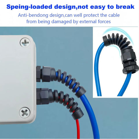IP68 Waterproof Cable Gland Kit With Strain Relief, 8-Piece Nylon Cable Connector Set, installed, showcasing flexible spiral gland.
