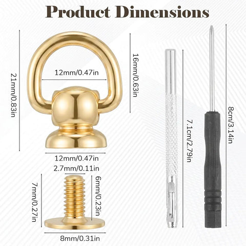 Heavy Duty 4 Pack Brass D Rings For Purse Hardware With Ball End Studs And Installation Tools Light Gold Finish dimensions with tools