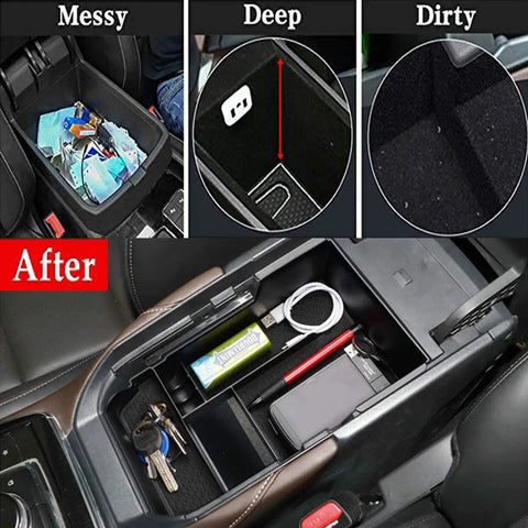 Installed Mazda CX30 Center Console Organizer Tray and Armrest Storage Box showing neat storage with keys, cables, and snacks.