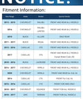 Notice board showing fitment information for various car models including Chevy Malibu, Buick Regal, Cadillac XTS, GMC Terrain, and Saab.