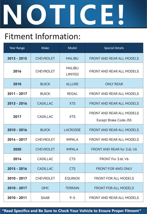 Notice board showing fitment information for various car models including Chevy Malibu, Buick Regal, Cadillac XTS, GMC Terrain, and Saab.