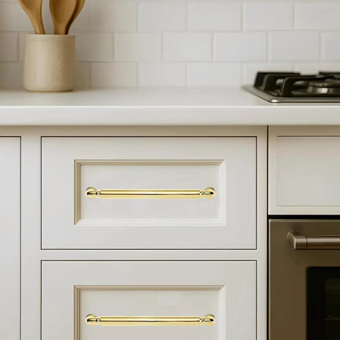 Built Like A Tank 10 Pack Polished Brass Cabinet Pulls 5 Inch Centers Heavy Duty Zinc Alloy Drawer Handles on white kitchen cabinets.