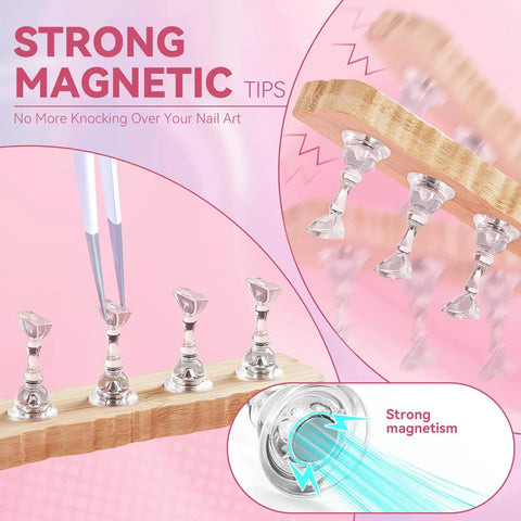 Two Pack Magnetic Nail Practice Stands With Heart Acrylic Holder showcasing strong magnetism, five metal nail tip holders on wood base