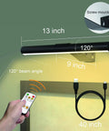 Wireless Picture Light Rechargeable With 4000mAh Battery, showing dimensions, remote, USB cable, and beam angle.