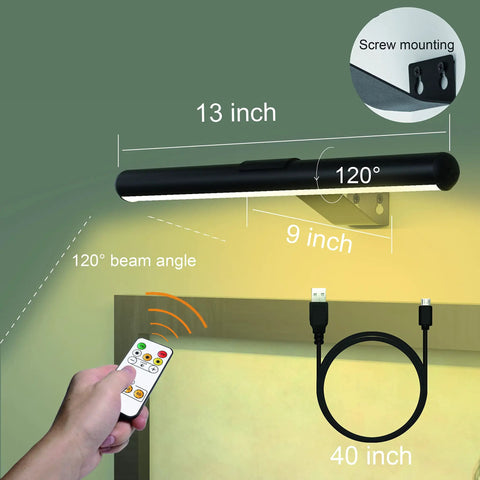 Wireless Picture Light Rechargeable With 4000mAh Battery, showing dimensions, remote, USB cable, and beam angle.
