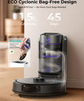 Upgraded Bagless Self Emptying Robot Vacuum And Mop With 6000Pa Suction showing 1.5L capacity and recycling feature