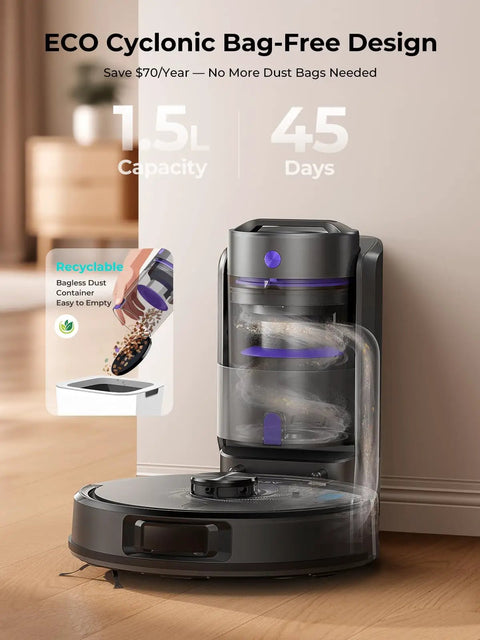 Upgraded Bagless Self Emptying Robot Vacuum And Mop With 6000Pa Suction showing 1.5L capacity and recycling feature
