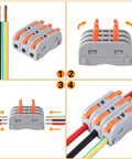 XHF 31-piece lever wire connector set, grey modular unit with orange levers for 28-12 AWG wires.
Side view of grey multi-port lever wire connector with orange levers.
Close-up of orange lever clamps on grey 4-port connector.
Installed on red, black, yellow, and green wires showing inline splices with 28-12 AWG conductors.