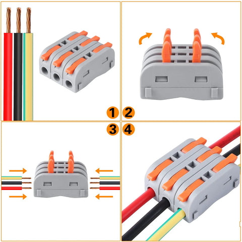XHF 31-piece lever wire connector set, grey modular unit with orange levers for 28-12 AWG wires.
Side view of grey multi-port lever wire connector with orange levers.
Close-up of orange lever clamps on grey 4-port connector.
Installed on red, black, yellow, and green wires showing inline splices with 28-12 AWG conductors.