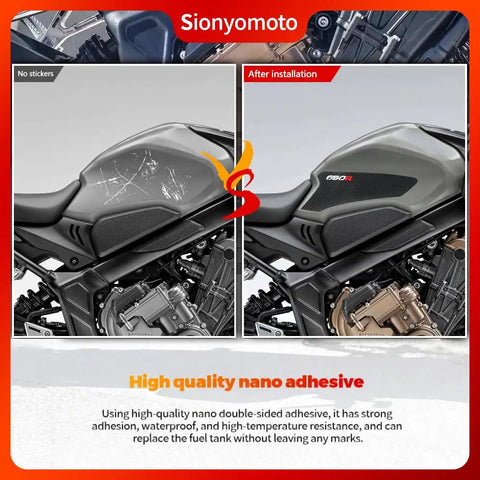 Grippy Fuel Tank Pad Protector Stickers Set For Honda CBR650R CB650R 2019 2020 2021 2022 2023 Black Anti Slip Tank Guard 3 Piece Decal Kit Made From Premium PVC Rubber With Scratch And Abrasion Defense showing before and after installation