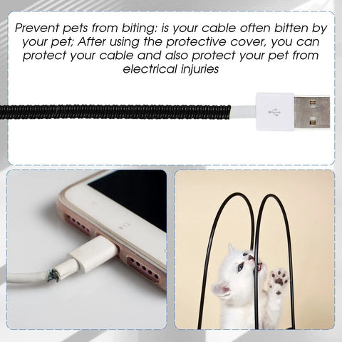 Ten Pack Spiral Cable Protectors For Pets Chew Proof USB Cables And Phone Chargers 110 Cm Black Sleeve shown with kitten