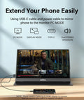Portable 15.6 Inch FHD External Monitor For Laptop And More No Driver Required HDMI USB C Second Screen With Built In Speaker Ideal For MacBook PC PS5 Xbox Switch Tablets And Travel showing video mirroring from phone.