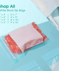 Top Shelf Nine By Twelve Inch Clear Plastic Ziplock Bags Quick Snap Zip Seal And Writable White Label Blocks Five Hundred Count stacked with red items inside.