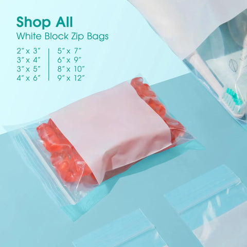 Top Shelf Nine By Twelve Inch Clear Plastic Ziplock Bags Quick Snap Zip Seal And Writable White Label Blocks Five Hundred Count stacked with red items inside.