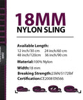 18mm Nylon Climbing Sling Runner Delivers 23 KN Strength CE2008 EN566 Certified information sheet with purple sling image.