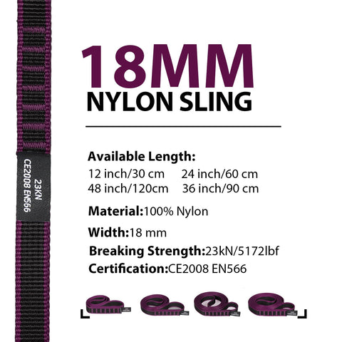 18mm Nylon Climbing Sling Runner Delivers 23 KN Strength CE2008 EN566 Certified information sheet with purple sling image.