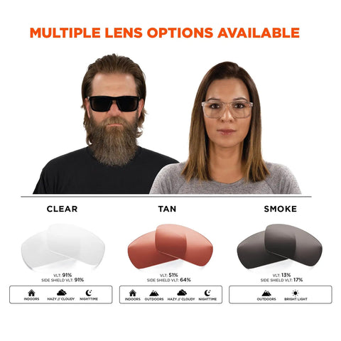 Multiple lens options for Sixteen Safety Glasses With Integrated Side Shields And Slick Anti Fog Lens for blue collar use.