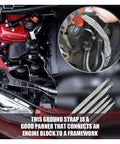 Top Shelf Braided Automotive Ground Strap Kit includes five heavy duty copper cable wires and ring terminals in an engine compartment.