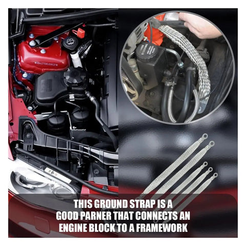 Top Shelf Braided Automotive Ground Strap Kit includes five heavy duty copper cable wires and ring terminals in an engine compartment.