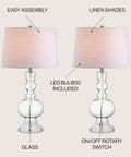 Clear Glass Table Lamp Set of 2 with white linen shades, LED bulbs included, 28.5-inch tall, modern bedside lamps, ETL Listed UL Certified