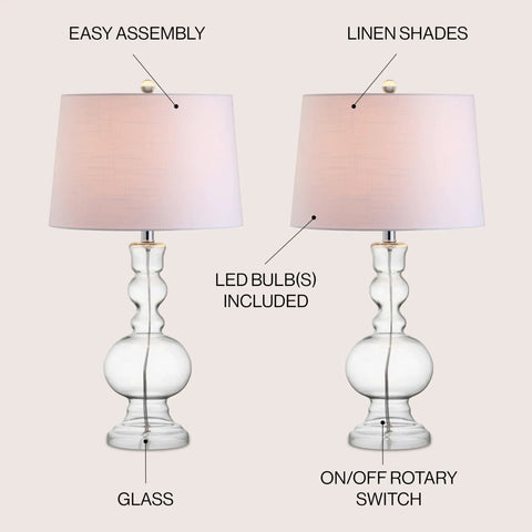 Clear Glass Table Lamp Set of 2 with white linen shades, LED bulbs included, 28.5-inch tall, modern bedside lamps, ETL Listed UL Certified