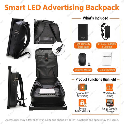 Portable Wearable Ad Backpack Packs 21.5 Inch Full HD LCD Screen With Built In Wifi Connectivity, internal storage and accessories displayed.