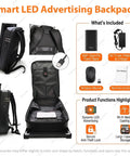 Sick Wearable Digital Signage Backpack Sporting A 21.5 Inch FHD IPS Panel With Sunlight Readable Brightness And WiFi Connectivity For Seamless MP4 Video Playback And Street Ad Drops That Instantly Pop Off, showcasing features and accessories.