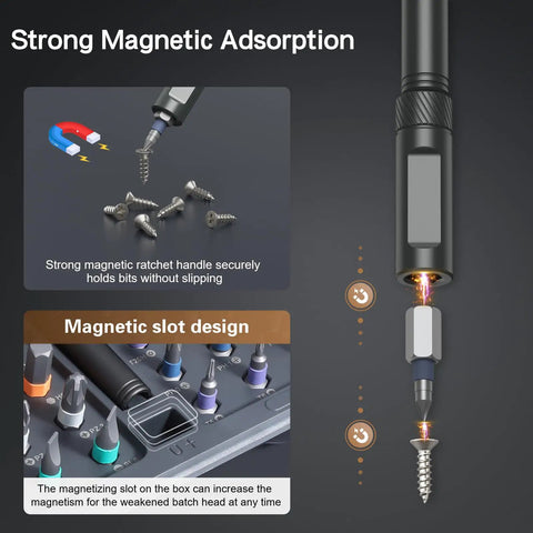 All In One 42 In 1 Magnetic Screwdriver Set With Ratchet Handle And Detachable Grip S2 Steel Bits showing magnetic adsorption