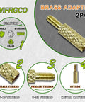 Brass adapter for gun cleaning rods showing 5-40 male thread, 8-32 female thread, made from durable brass, 2 pieces displayed