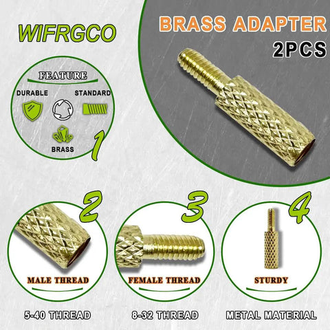 Brass adapter for gun cleaning rods showing 5-40 male thread, 8-32 female thread, made from durable brass, 2 pieces displayed