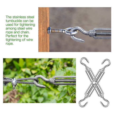 Close-up of Six Pack M6 Hook And Hook Turnbuckles Set for Cable Railing and Wire Rope Tensioning in 304 Stainless Steel.
