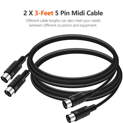 2 Pack 3 Foot 5 Pin MIDI Cables Male To Male DIN Connectors For MIDI Keyboard, Synth, Rack Synth, Sampler, External Sound Card