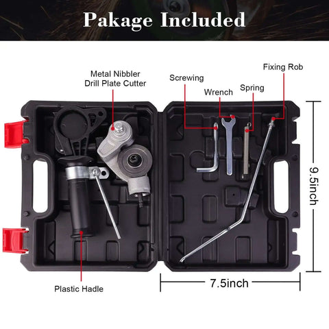 Upgraded Electric Drill Plate Cutter Attachment For Metal Nibble Cutting And Sheet Metal Work kit contents layout.