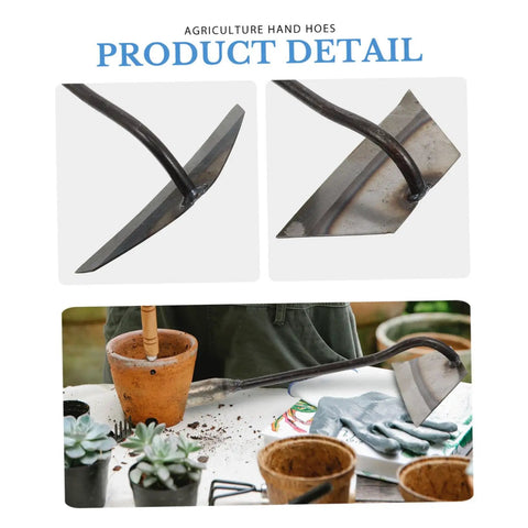 Close-up of Two Pack Steel Hand Hoe Set for weeding and gardening, showing blade details and usage in planting pots
