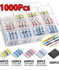 1000Pcs heat shrink butt crimp terminal kit in organizer, assorted sizes and black sleeves for car and home wiring repairs