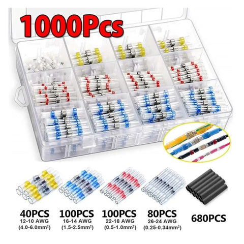 1000Pcs heat shrink butt crimp terminal kit in organizer, assorted sizes and black sleeves for car and home wiring repairs
