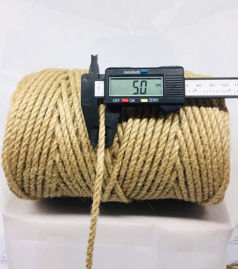 328 Feet Of 5mm Jute Twine Heavy Duty Workhorse Natural Hemp Rope with caliper showing 5mm thickness for DIY projects