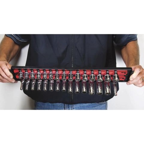 Person holding Socket Boss 2-Rail 3/8-Inch Drive Socket Organizer, 19-Inch Red Storage Tray with secured sockets visible