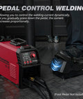 Beast 5 In 1 DC TIG Welder with Pulse HF Lift Spot and Stick Modes, 200 Amp in use with foot pedal control, LED display visible