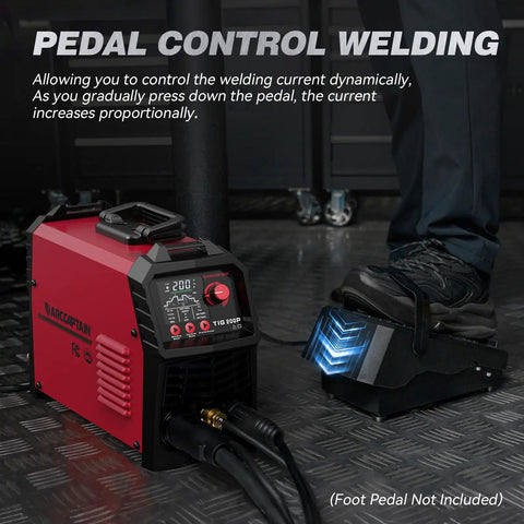 Beast 5 In 1 DC TIG Welder with Pulse HF Lift Spot and Stick Modes, 200 Amp in use with foot pedal control, LED display visible