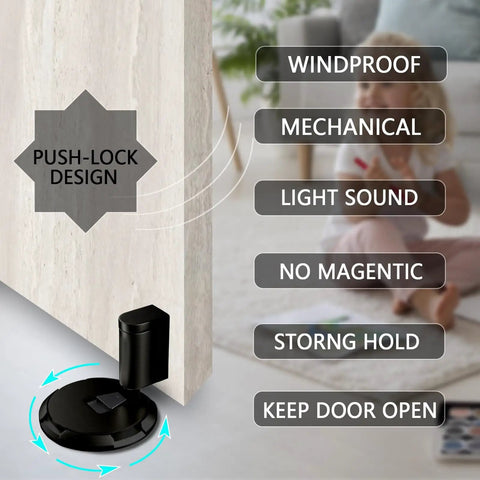 Mechanical Door Stop With Locking Action No Magnetic Floor Door Holder For Gaps Up To 1.2 Inches Adjustable Height Matte Black