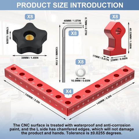 Right Angle Corner Clamp Set For Woodworking Pro Grade Aluminum Alloy showing components and dimensions