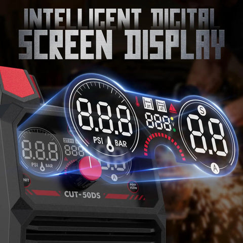 Digital display of 50 Amp Plasma Cutter With Dual Voltage 110 220V IGBT Inverter Air Powered Cutting Machine.