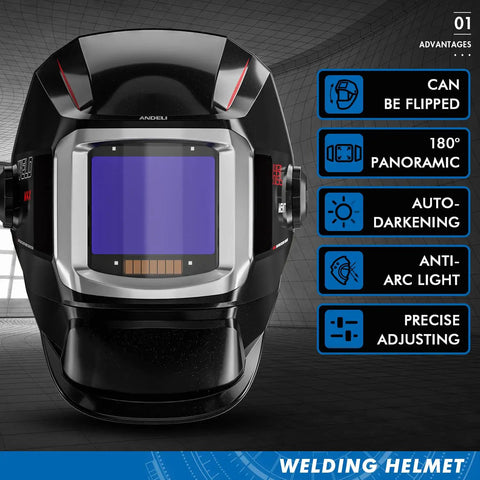 Front view of Auto Darkening Welding Helmet With Large Viewing Area, Flip Up Design, True Color Lens, Four Arc Sensors
