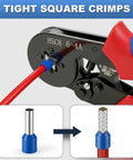 Wide Range Ferrule Crimping Tool For 23 To 7 AWG Wire Terminals With Four High Carbon Steel Dies Delivers Tight Square Crimps On 0.25 To 10 MM2 Terminals Great For Home DIY And Pro Electrical Work On The Job. ferrule terminal crimping tool with 23-7 AWG die for square crimps