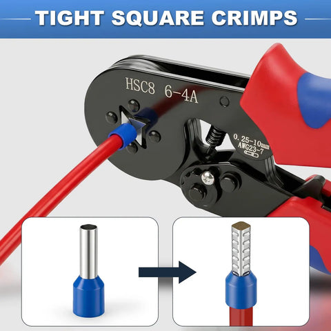 Wide Range Ferrule Crimping Tool For 23 To 7 AWG Wire Terminals With Four High Carbon Steel Dies Delivers Tight Square Crimps On 0.25 To 10 MM2 Terminals Great For Home DIY And Pro Electrical Work On The Job. ferrule terminal crimping tool with 23-7 AWG die for square crimps