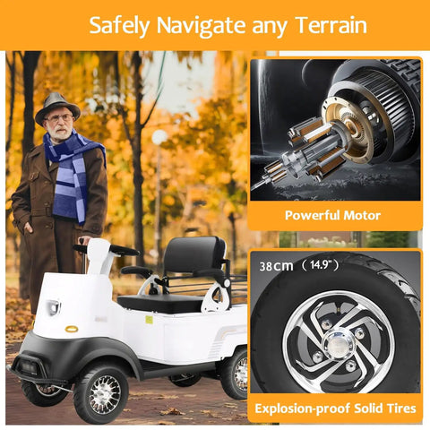 White 2-Passenger Electric Golf Cart Cruiser With Powerful 800W Motor Reaching 12 Mph Top Speed showing powerful motor and solid tire.